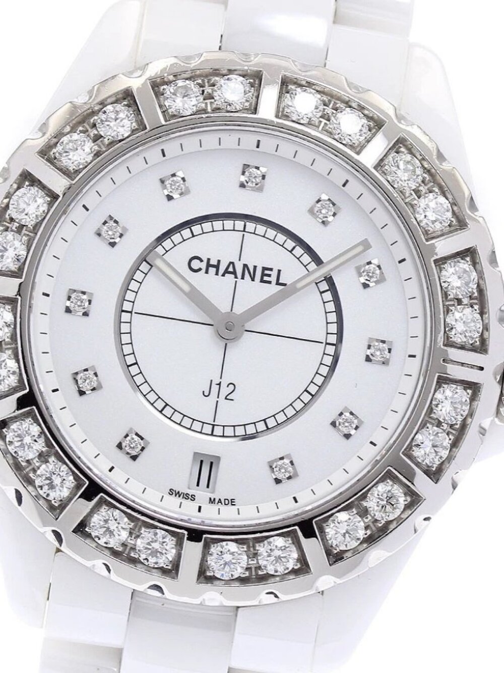 CHANEL J12 White Ceramic Diamond Bezel H2430 Date 11P Quartz Men's Watch_871707